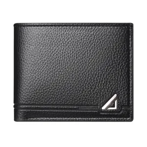 Men's black leather short wallet business casual bifold purse with stylish metal corner.