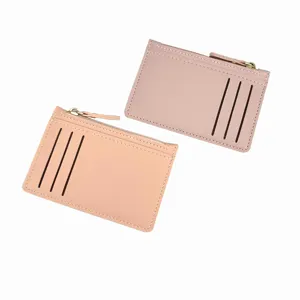 PU leather zipper card holder detail shot, multi-card slots and coin pocket in pink.