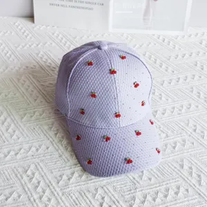 Purple waffle baseball cap featuring sparkling rhinestones and cute red cherry details for women.