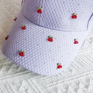 Sweet purple waffle baseball cap with starry rhinestones and cute cherry charms for summer.