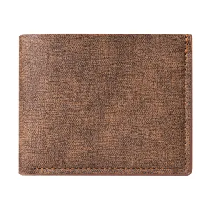 Men's brown retro leather wallet texture detail close-up view showing neat stitching edges.