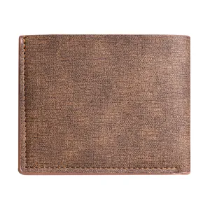 Classic men brown bifold wallet detailed view, textured faux leather design with fine stitching.