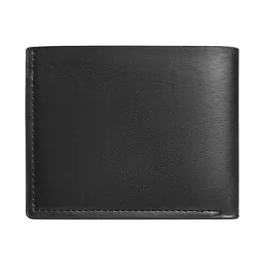 Portafoglio bifold classico in pelle nera da uomo, design minimalista con cuciture.