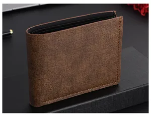 Retro brown men's short wallet with multiple card slots and fine stitching details for use.