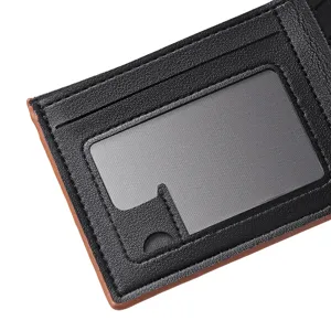 Close-up detail view of black synthetic leather mens wallet showing card slots and ID window.