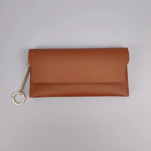 Women long wallet solid color PU leather clutch purse with metal chain card holder detail