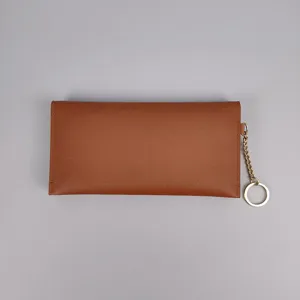 Women long solid color wallet with metal chain keyring, slim card holder clutch bag.