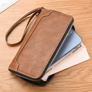Portafoglio lungo con cerniera da uomo in pelle PU marrone pochette organizer da polso