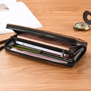 Portafoglio uomo lungo con cerniera patchwork pelle pochette grande capacità porta carte