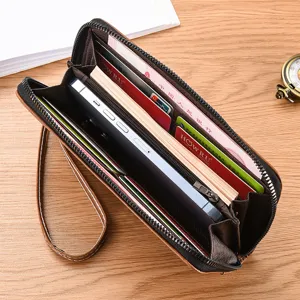 Portafoglio lungo da uomo con cerniera, scomparti per carte e borsa pochette in pelle PU.