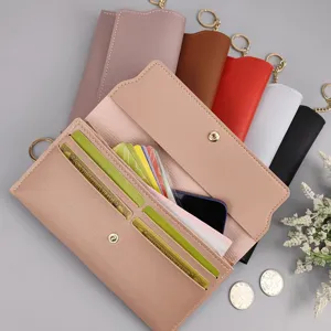 Women long wallet solid color pu leather card holder slim clutch purse snap closure