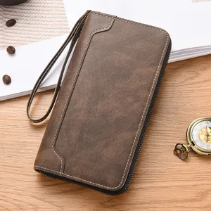 Portafoglio uomo lungo con zip in ecopelle PU, borsello multischermo con cinturino.