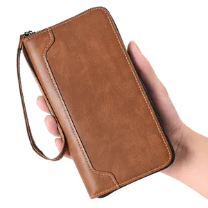 Portafoglio lungo da uomo in pelle PU marrone con cinturino da polso e porta carte