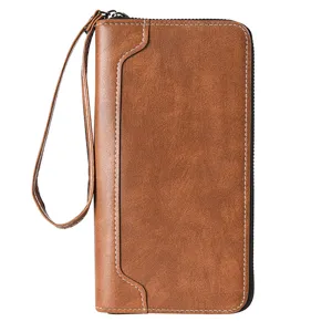 Portafoglio lungo uomo con cerniera marrone in pelle PU pochette con cinturino da polso.