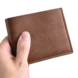 Portafoglio corto in pelle PU marrone da uomo con scomparti per carte, stile business.