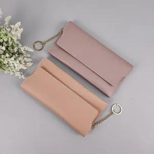 Women long PU leather wallet slim solid color snap closure clutch purse with chain key ring