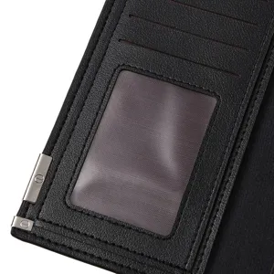 Vista detallada del interior de la cartera larga para hombre negra con ranuras y ventana ID.