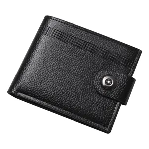 Schwarze Herren Geldbörse aus Leder, kompaktes Kartenetui mit Druckknopf und eleganter Textur.