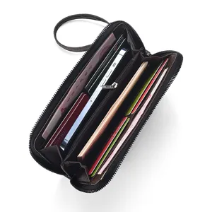 Portafoglio lungo da uomo in pelle PU con zip pochette multifunzionale porta carte marrone
