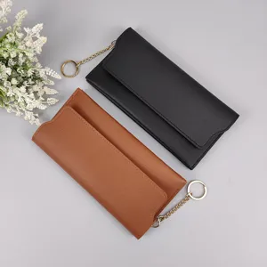 Women's long PU leather wallet with metal chain snap closure stylish card holder clutch.