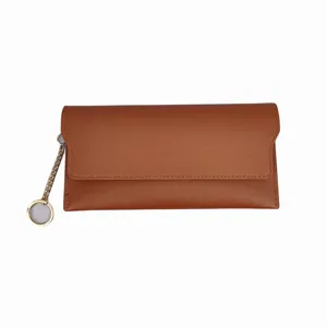 Close-up detail of the brown leather women's long wallet, showing snap button and metal chain.