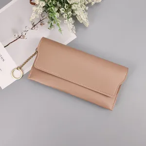 Women's Long PU Leather Wallet Simple Solid Color Minimalist Clutch Purse Multiple Card Slots With Metal Chain