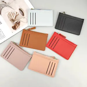 Detail view of multi-color PU leather card holders featuring zipper pocket and multiple card slots.