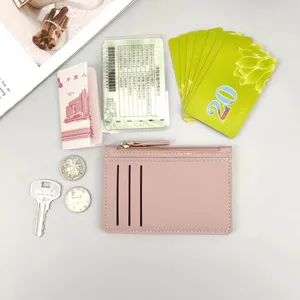 Pink PU leather zipper card holder with multiple card slots and coin pocket for daily use.
