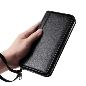 Portafoglio lungo da uomo nero con zip e laccetto da polso, grande capacità elegante.
