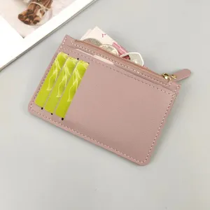 Pink PU leather card holder with zipper pocket, multi card slots for daily essentials.