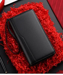 Portafoglio uomo lungo nero motivo litchi cerniera tasca carte business borsello