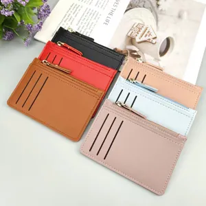 Multifunctional PU leather card holder with zipper pocket, multiple card slots for daily use.