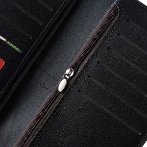 Portafoglio lungo da uomo in pelle nera dettaglio interno con tasche per carte e zip.