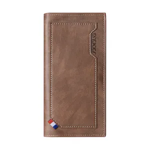 Portefeuille long homme en cuir PU marron avec fentes pour cartes, style élégant.