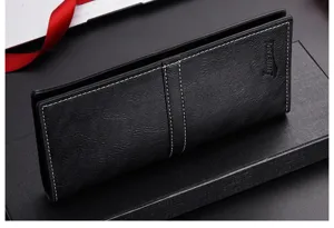 Portafoglio lungo da uomo in pelle nera con cuciture bianche, elegante custodia.
