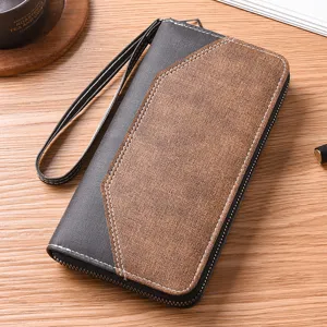 Portafoglio Lungo da Lavoro per Uomo Multi-Carte Retro Pochette in Pelle PU Chiusura Lampo Portamonete Cinturino da Polso Casual