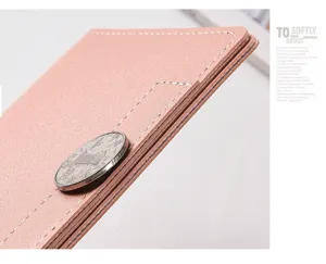 Minimalist pink long wallet detail view, stylish PU leather card holder with neat white stitching.