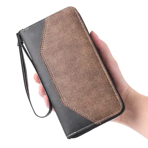 Portafoglio lungo da uomo d'affari con cerniera e cinturino, pochette vintage multi-carta.