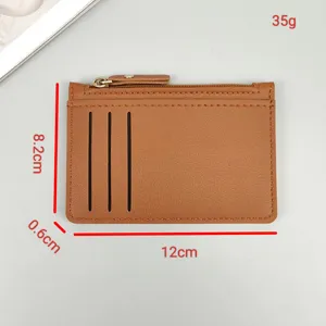 Brown leather zippered card holder with multiple slots, compact size 12x8.2cm for daily use.