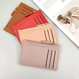 PU leather zipper card holder wallet with multiple slots for ID, credit cards and coins.
