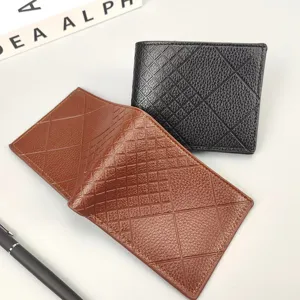 Portafoglio corto da uomo in pelle PU con elegante motivo a griglia per uso quotidiano.