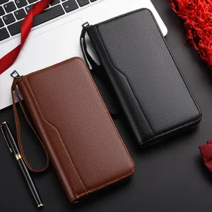 Portafoglio Lungo con Chiusura Lampo da Uomo in Pelle PU Pochette d'Affari Grande Capacità Portacarte Cinturino da Polso