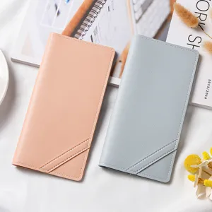 Portafoglio Lungo da Donna in Pelle PU Minimalista Tinta Unita Bottone Automatico Portamonete Scomparti Multipli Pochette alla Moda