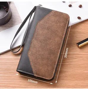 Portafoglio uomo lungo affari vista dettagliata, borsa pochette vintage bicolore in pelle PU.