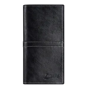 Portafoglio lungo da uomo in pelle nera con cuciture bianche e tasche per carte design sottile