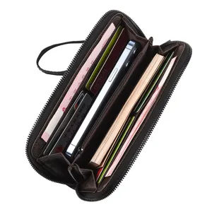 Portafoglio uomo lungo con zip, grande capacità multi-carte, pochette business marrone scuro.