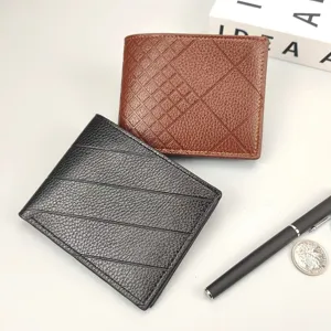 Portafoglio corto in pelle PU da uomo nero e marrone con elegante design geometrico.