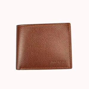 Herren braun Leder Kurzgeldbörse Bifold Kartenhalter mit Kontrastnähten und geprägtem Logo.