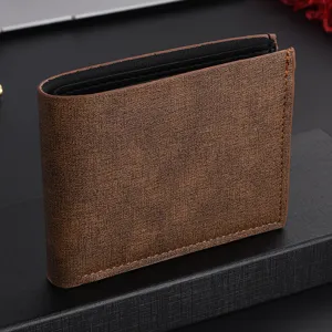 Men's vintage short wallet with multiple card slots, retro brown PU leather card holder.