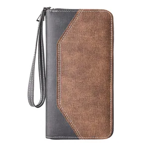 Portafoglio lungo da uomo d'affari con zip, pochette retro bicolore con cinturino da polso.